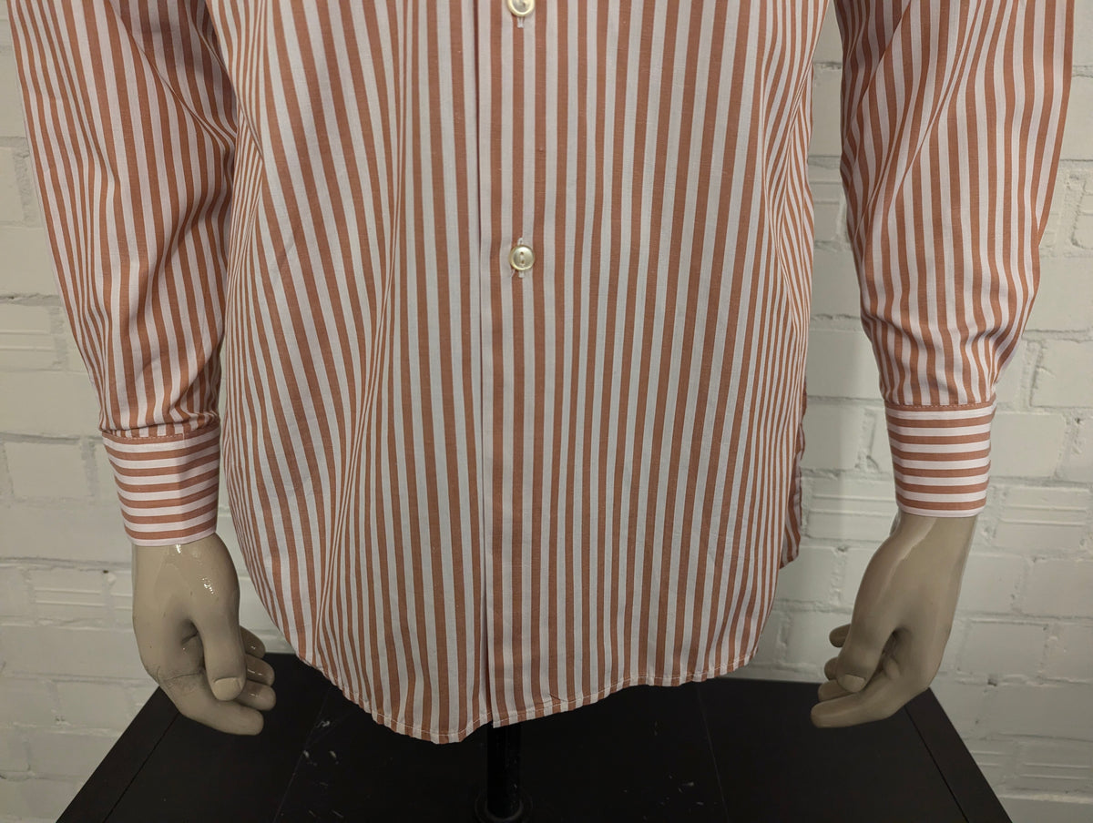 Vintage 70's overhemd met puntkraag en casual manchetknoop. Wit Bruin gestreept. Maat L. #710.