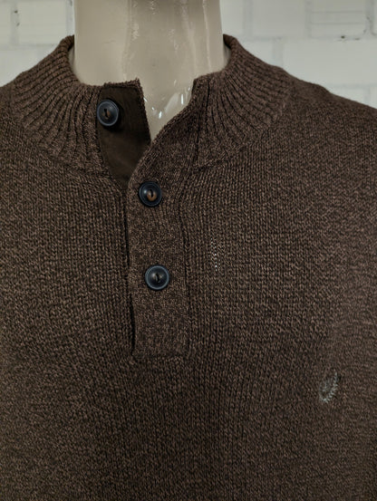 Chaps trui met knopen en elleboogstukken. Bruin gemêleerd. Maat 4XL / XXXXL.