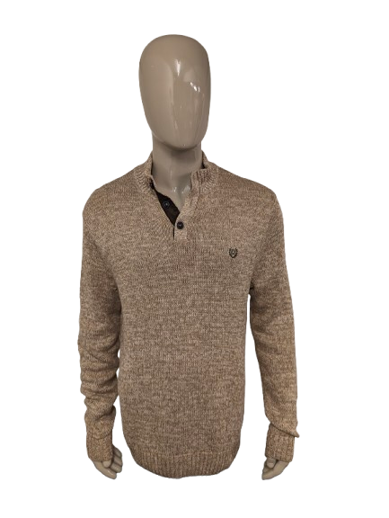 Chaps trui met elleboogstukken en knopen. Bruin Beige gemêleerd. Maat l.