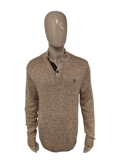 Chaps trui met elleboogstukken en knopen. Bruin Beige gemêleerd. Maat l.