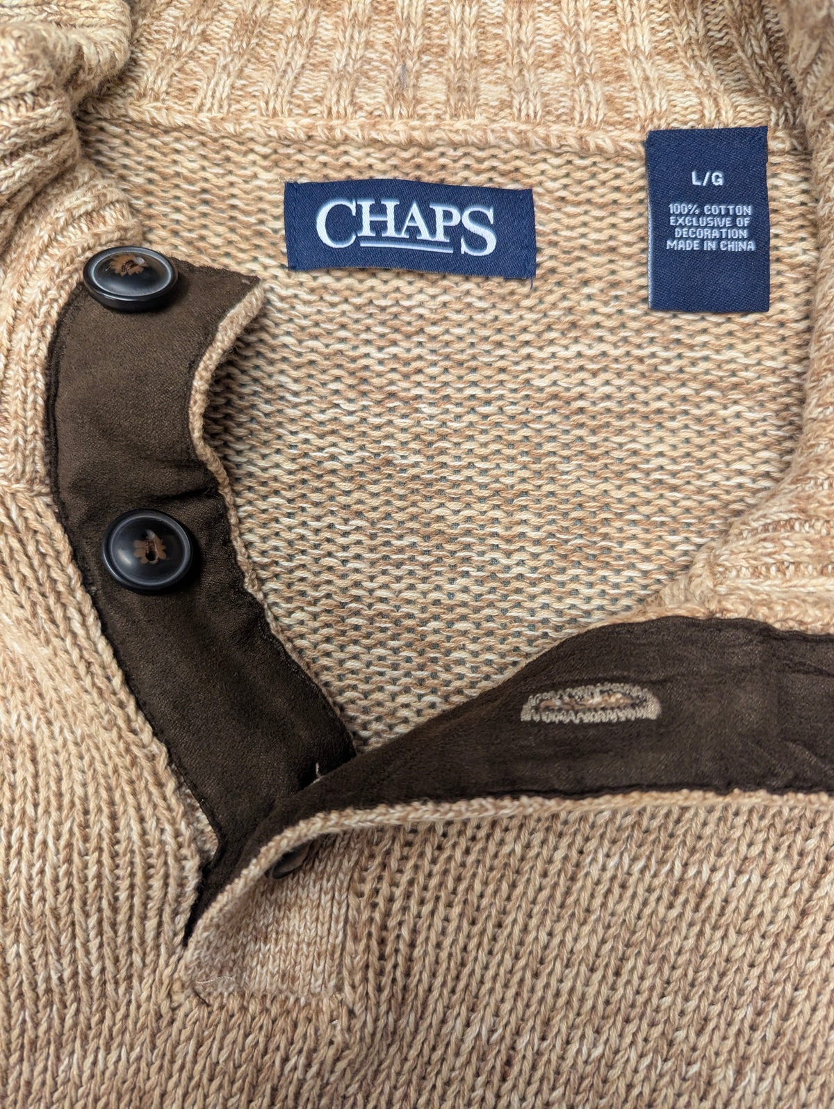 Chaps trui met elleboogstukken en knopen. Bruin Beige gemêleerd. Maat l.