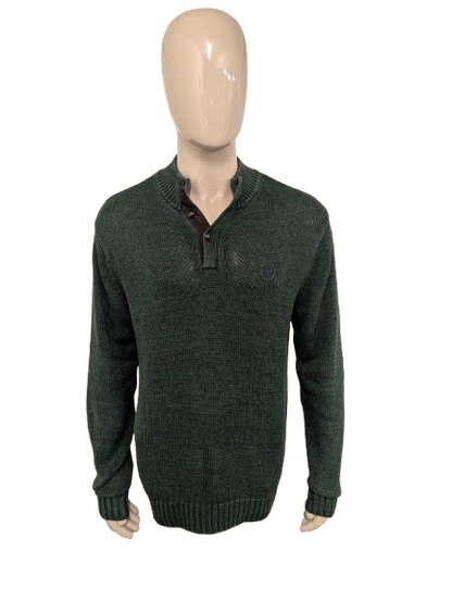Chaps trui met elleboogstukken en knopen. Groen Blauw gemêleerd. Maat L.
