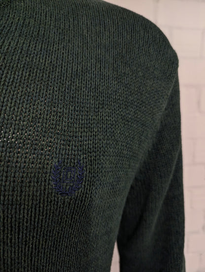 Chaps trui met elleboogstukken en knopen. Groen Blauw gemêleerd. Maat L.