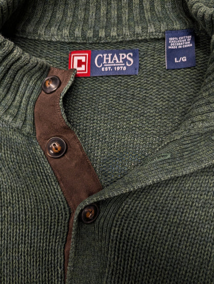 Chaps trui met elleboogstukken en knopen. Groen Blauw gemêleerd. Maat L.