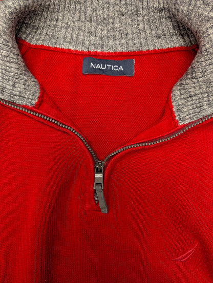 Nautica Quarter Zip trui met korte rits. Rood gekleurd. Maat M.