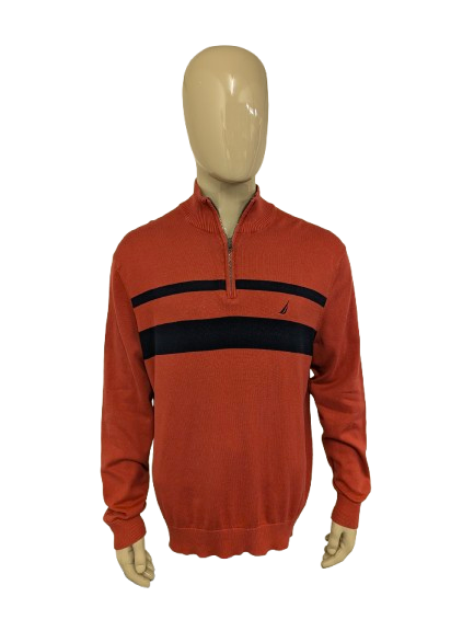 Nautica Quarter Zip trui met korte rits. Roze Blauw gekleurd. Maat XL.