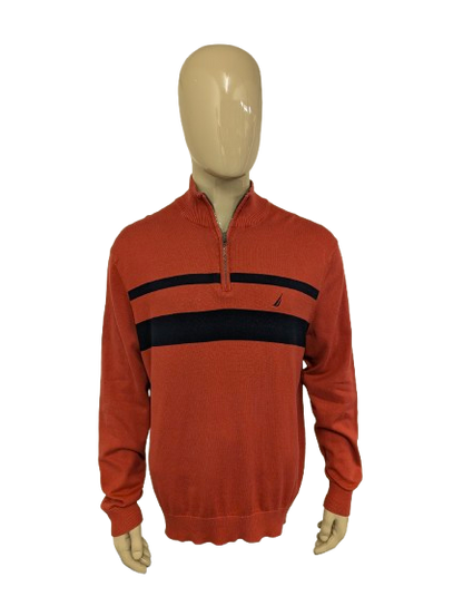 Nautica Quarter Zip trui met korte rits. Roze Blauw gekleurd. Maat XL.