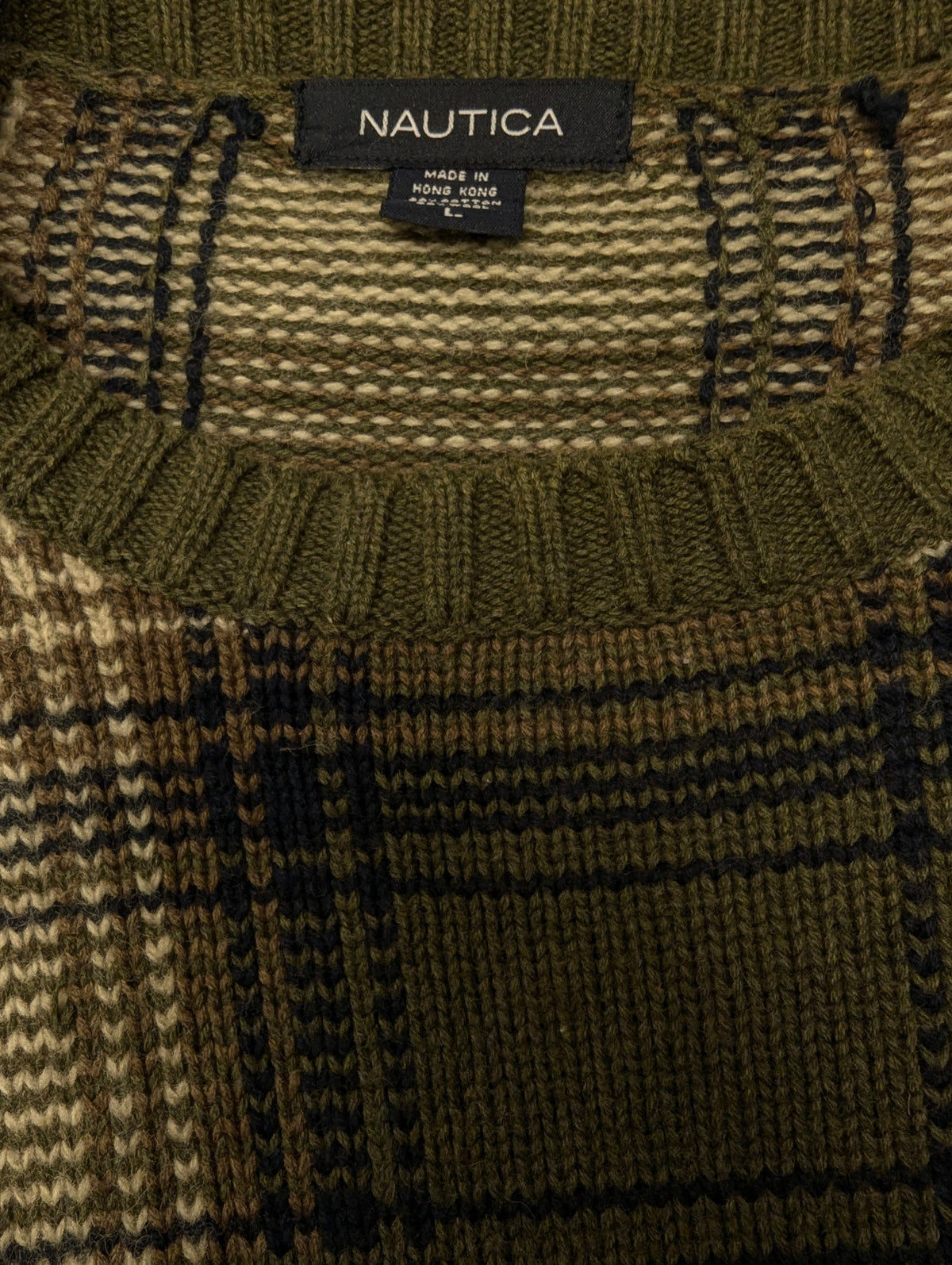 Nautica Wollen trui. Groen Bruin Donker Blauw geruit. Maat L. 20% Wol.