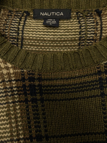 Nautica Wollen trui. Groen Bruin Donker Blauw geruit. Maat L. 20% Wol.