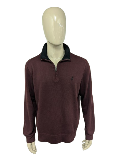 Nautica Quarter Zip trui met korte rits. Bordeaux gekleurd. Maat XL.