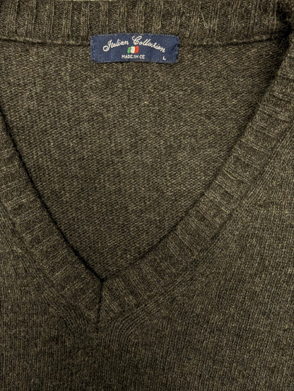 Italian Collection Wollen trui met V-Hals. Donker Grijs gemêleerd. 80% Wol en 20% Polyamide. Maat L.