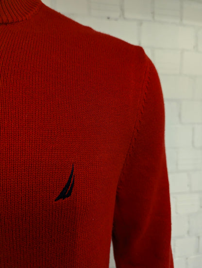 Nautica Quarter Zip trui met korte rits. Rood gekleurd. Maat L.