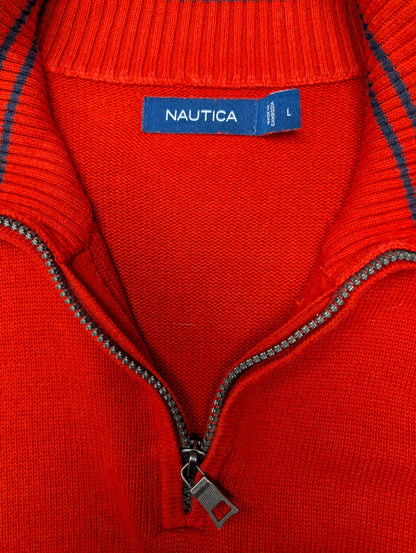 Nautica Quarter Zip trui met korte rits. Rood gekleurd. Maat L.