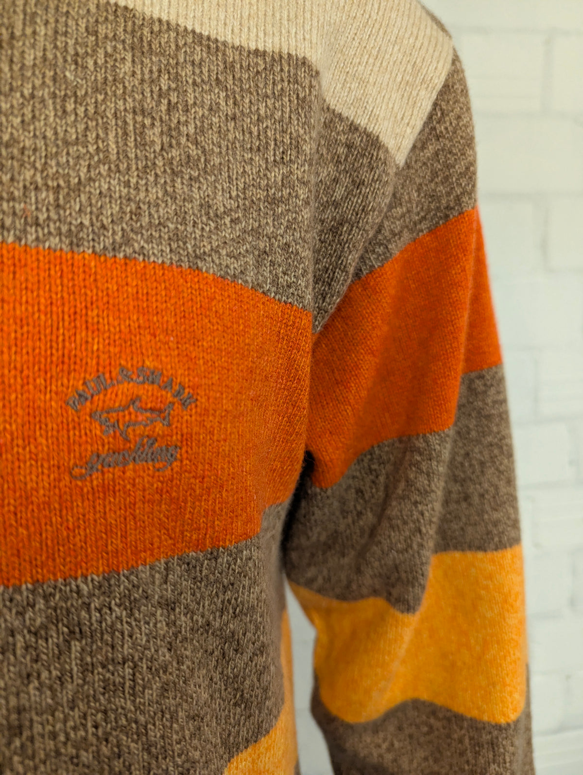 Paul & Shark Merino Wollen trui. Bruin Beige Oranje Geel gekleurd. Maat XL. 100% Wol.