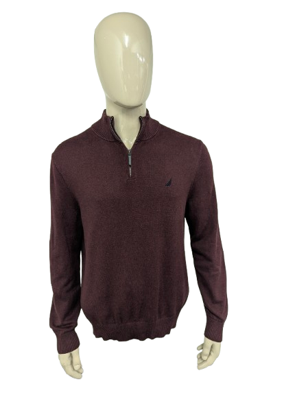 Nautica Quarter Zip trui met korte rits. Bordeaux Donker Blauw gemêleerd. Maat L.