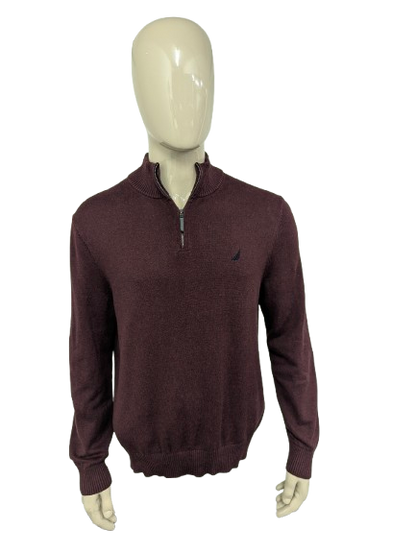 Nautica Quarter Zip trui met korte rits. Bordeaux Donker Blauw gemêleerd. Maat L.