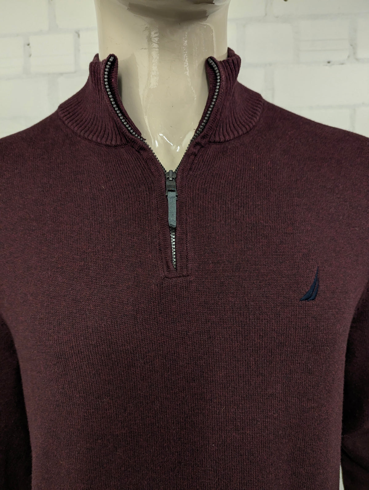 Nautica Quarter Zip trui met korte rits. Bordeaux Donker Blauw gemêleerd. Maat L.