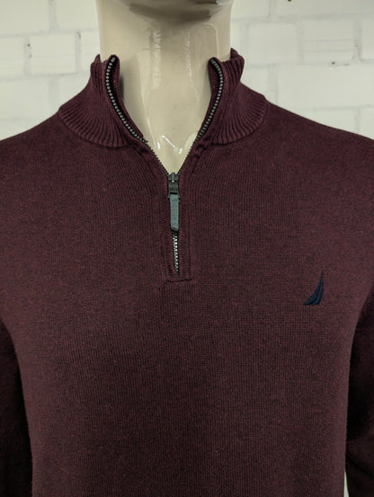 Nautica Quarter Zip trui met korte rits. Bordeaux Donker Blauw gemêleerd. Maat L.