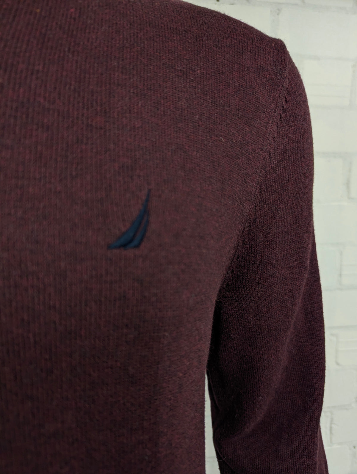 Nautica Quarter Zip trui met korte rits. Bordeaux Donker Blauw gemêleerd. Maat L.