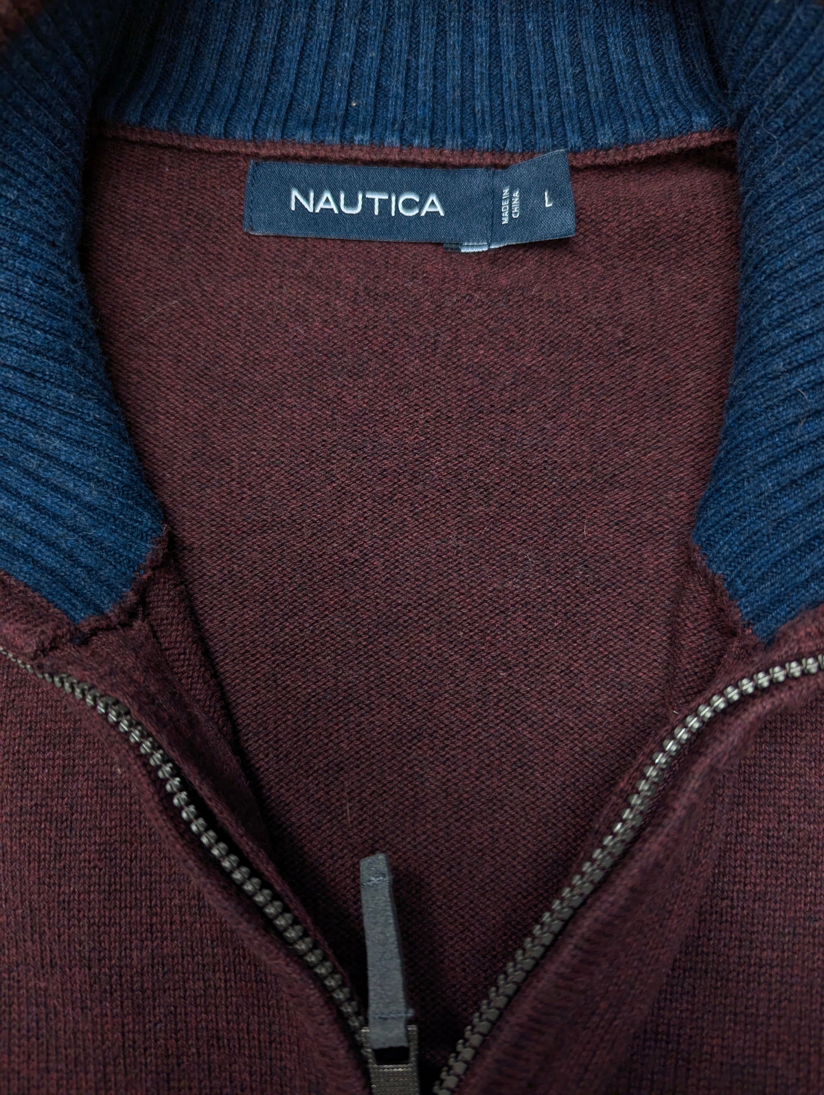 Nautica Quarter Zip trui met korte rits. Bordeaux Donker Blauw gemêleerd. Maat L.