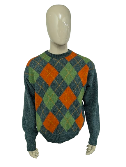 Vintage Knitter 100% Wollen trui. Groen Oranje Argyle ruiten print. Maat XL.