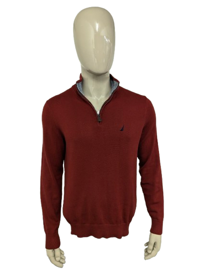 Nautica Quarter Zip trui met korte rits. Donker Rood gekleurd. Maat L.