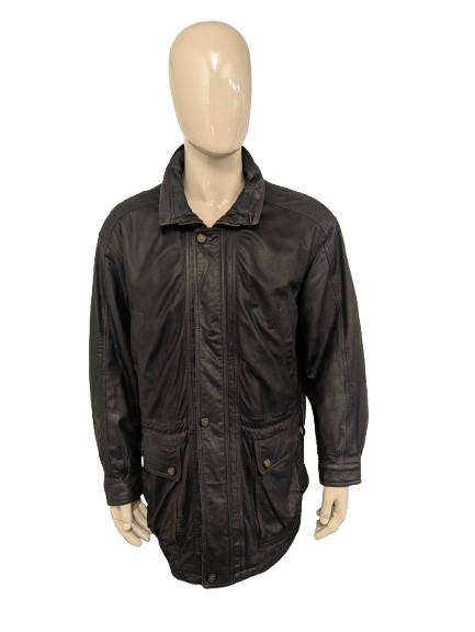 Henry Morell Vintage half lange Leren jas. Zwart gekleurd. Maat 2XL / XXL. #824.