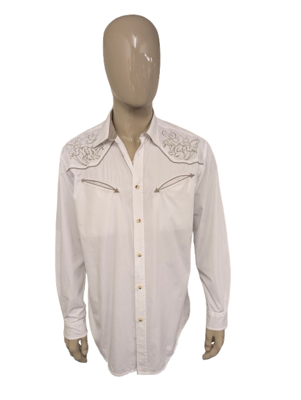 Camisa Atlas vintage para hombre. Estilo occidental. Blanco con estampado de caballos. Talla XL.