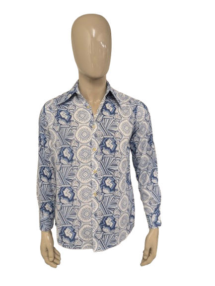 Vintage 70's overhemd met puntkraag. Wit Blauw print. Maat M. #727.