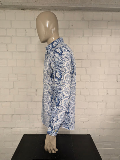 Vintage 70's overhemd met puntkraag. Wit Blauw print. Maat M. #727.