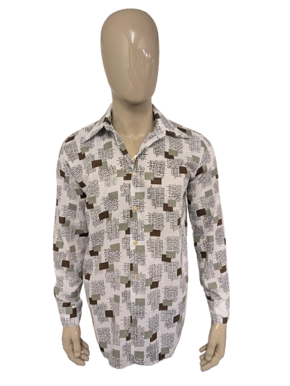 Vintage 70's overhemd met puntkraag. Bruin Zwart Groene print. Maat l. #728.