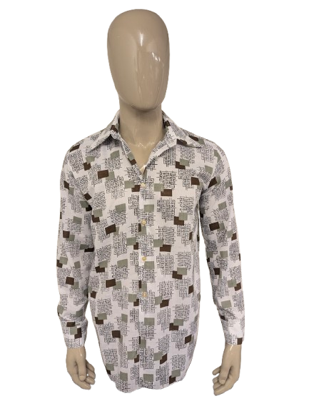 Vintage 70's overhemd met puntkraag. Bruin Zwart Groene print. Maat l. #728.