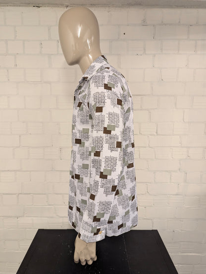 Vintage 70's overhemd met puntkraag. Bruin Zwart Groene print. Maat l. #728.