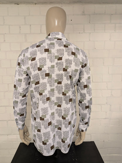 Vintage 70's overhemd met puntkraag. Bruin Zwart Groene print. Maat l. #728.