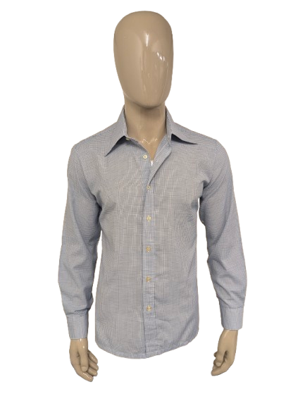 Vintage 70's overhemd met puntkraag. Blauw Bruin Wit geruit. Maat L. #729.