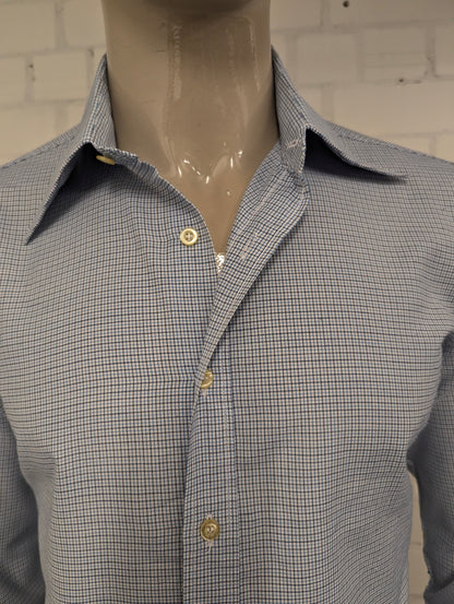Vintage 70's overhemd met puntkraag. Blauw Bruin Wit geruit. Maat L. #729.
