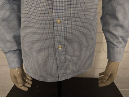 Vintage 70's overhemd met puntkraag. Blauw Bruin Wit geruit. Maat L. #729.