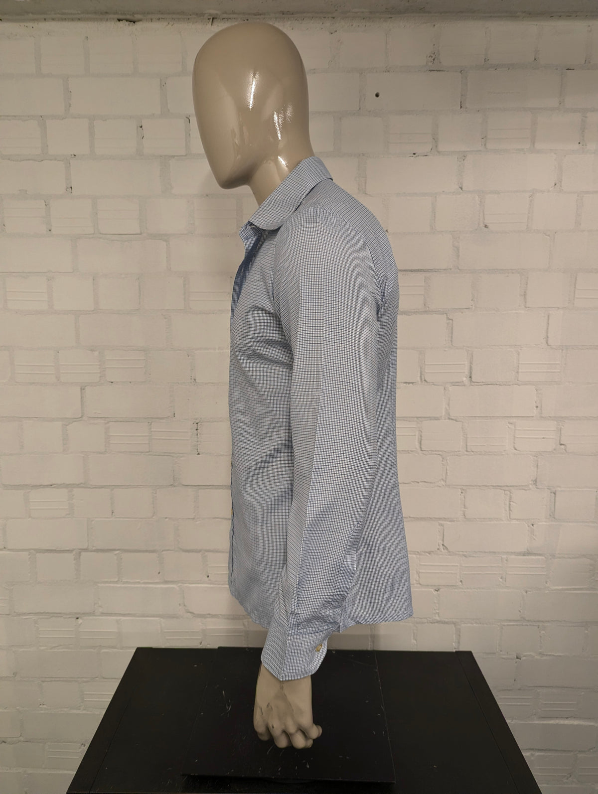 Vintage 70's overhemd met puntkraag. Blauw Bruin Wit geruit. Maat L. #729.