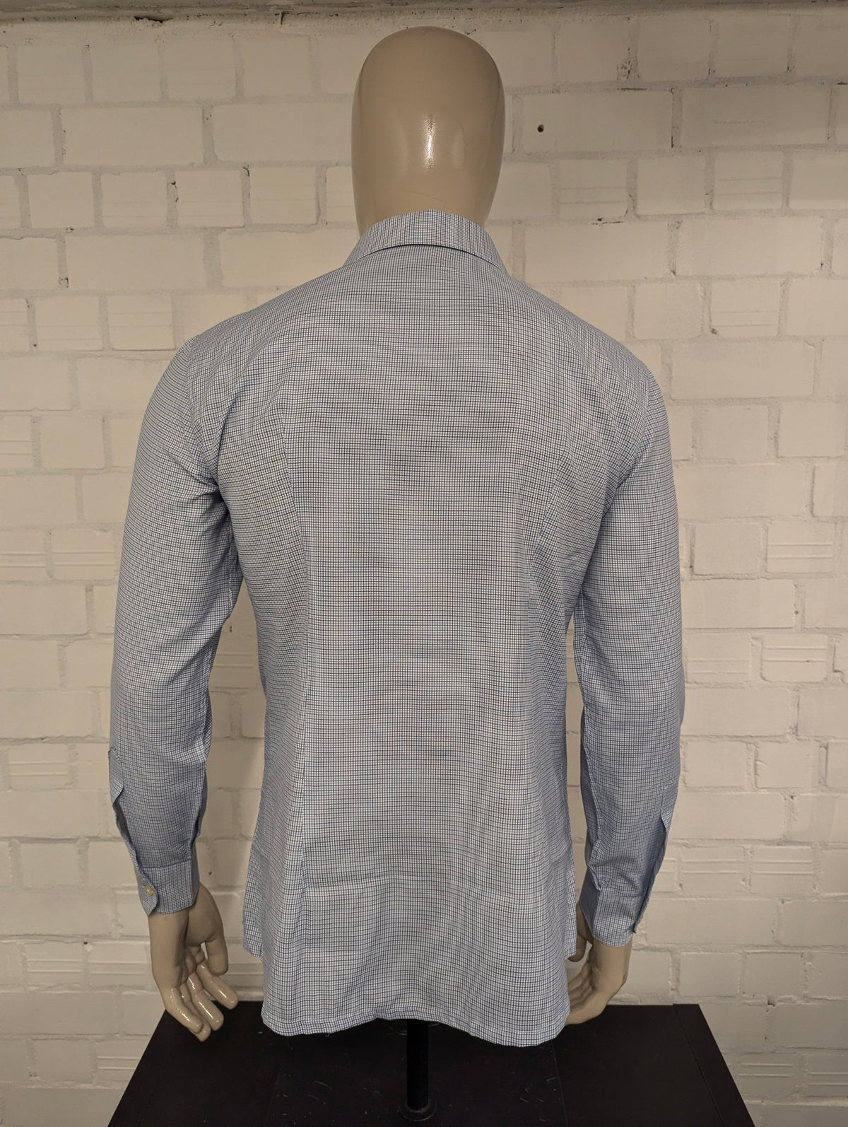 Vintage 70's overhemd met puntkraag. Blauw Bruin Wit geruit. Maat L. #729.