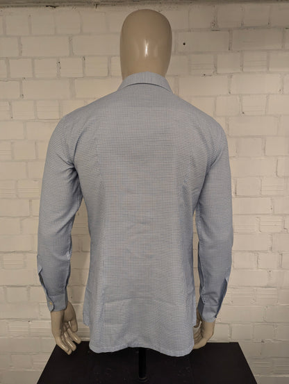 Vintage 70's overhemd met puntkraag. Blauw Bruin Wit geruit. Maat L. #729.