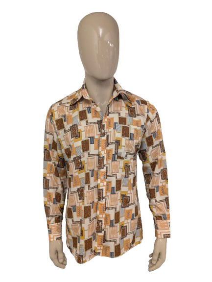 Vintage 70's Galaxie overhemd met puntkaag. Bruin Oranje Mosterd Gele print. Maat L.