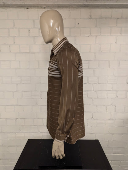 Vintage 70's overhemd met puntkraag. Bruin gestreept. Maat M. #731.