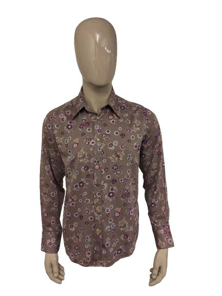 Hans Ubbink overhemd. Lila Paars Blauw Kaki Bloemen print. Maat L. (XL)