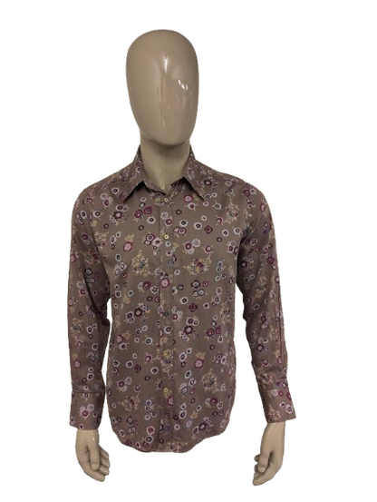 Hans Ubbink overhemd. Lila Paars Blauw Kaki Bloemen print. Maat L. (XL)