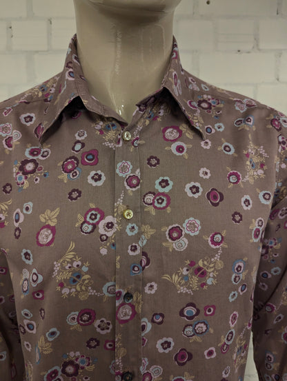 Hans Ubbink overhemd. Lila Paars Blauw Kaki Bloemen print. Maat L. (XL)