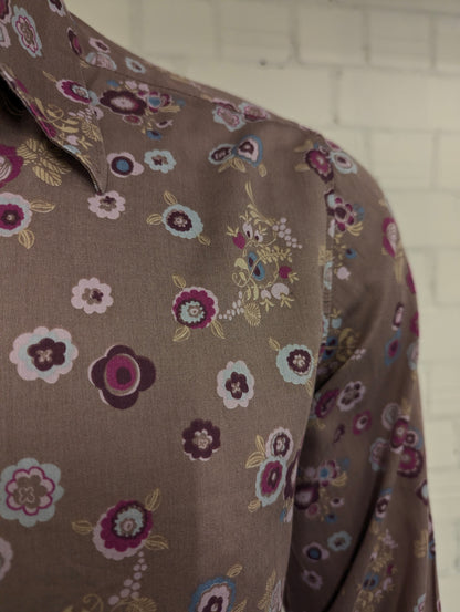 Hans Ubbink overhemd. Lila Paars Blauw Kaki Bloemen print. Maat L. (XL)