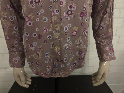 Hans Ubbink overhemd. Lila Paars Blauw Kaki Bloemen print. Maat L. (XL)