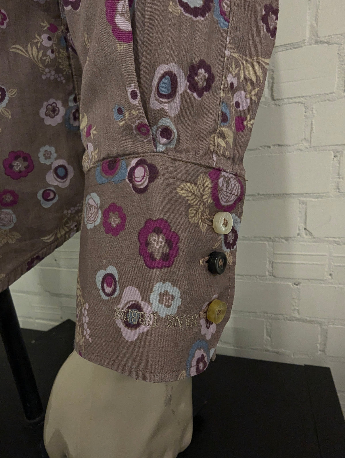 Hans Ubbink overhemd. Lila Paars Blauw Kaki Bloemen print. Maat L. (XL)