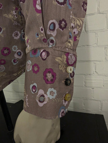 Hans Ubbink overhemd. Lila Paars Blauw Kaki Bloemen print. Maat L. (XL)
