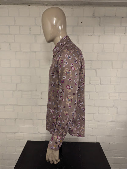 Hans Ubbink overhemd. Lila Paars Blauw Kaki Bloemen print. Maat L. (XL)